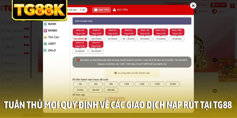 Tuân thủ mọi quy định về các giao dịch nạp rút tại TG88 Tuân thủ mọi quy định về các giao dịch nạp rút tại TG88